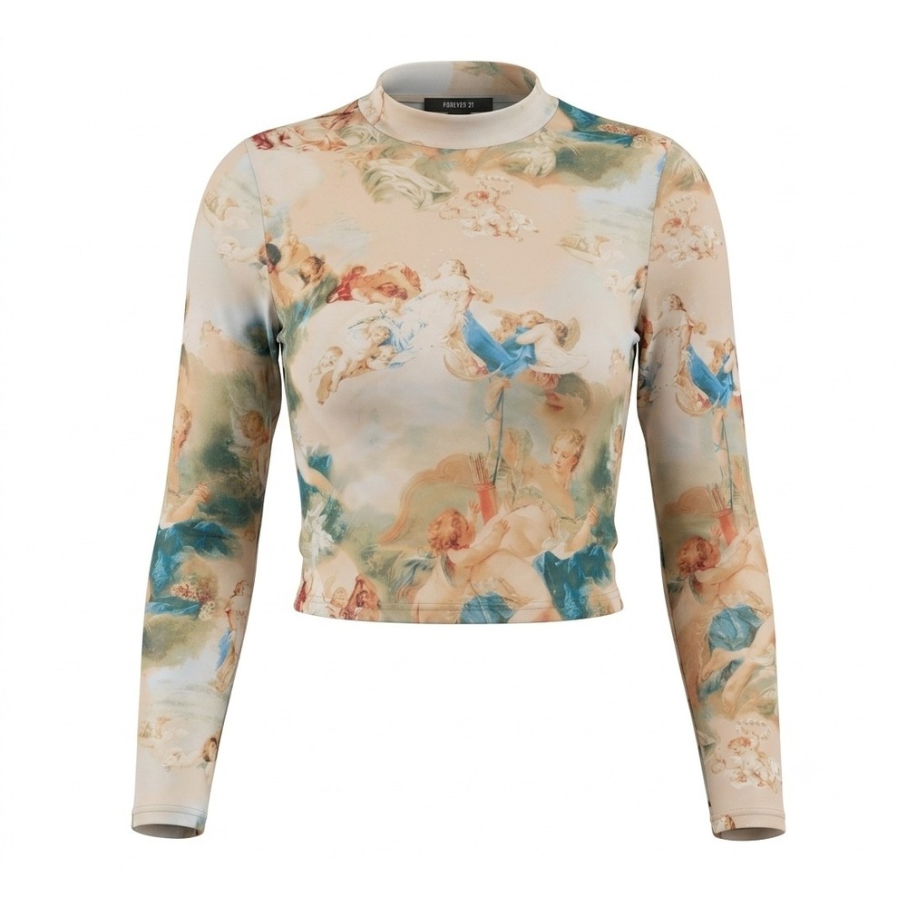 Forever 21 Renaissance Cherub Angel Graphic Long Sleeve Top Beige MediumNew